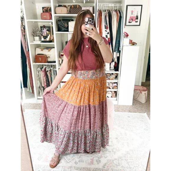 Natural Life Boho Floral Maxi Skirt Size XL Tiered Flowy Elastic Gold Red Beach - Picture 3 of 15